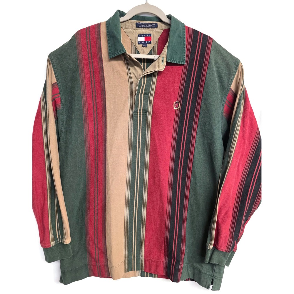 Vintage Tommy Hilfiger 90s Vertical Stripe Rugby Shirt XL Green Red Long Sleeve